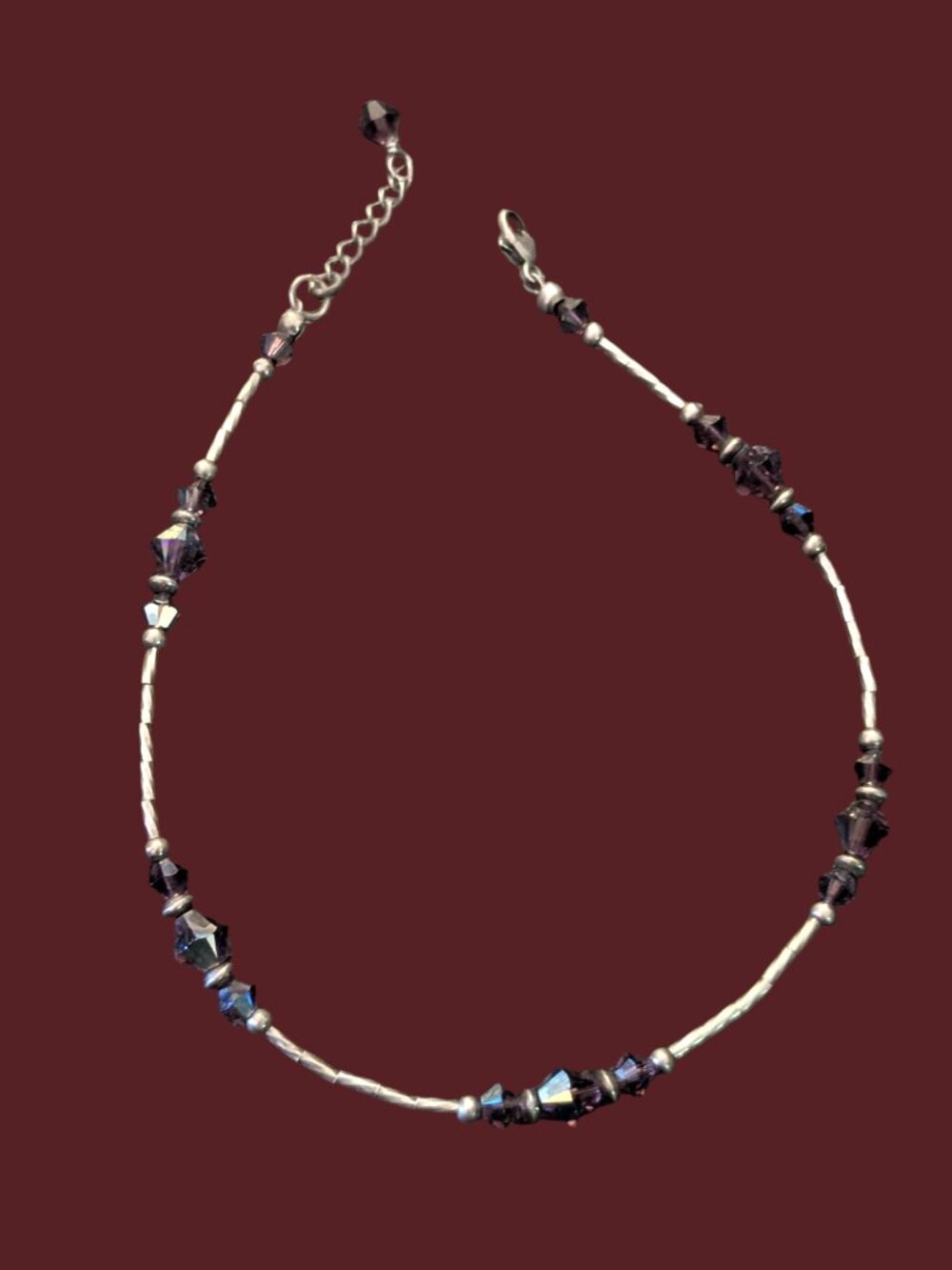 925 Sterling Silver Liquid Silver Purple Crystal 9.5-10.5" Ankle Bracelet